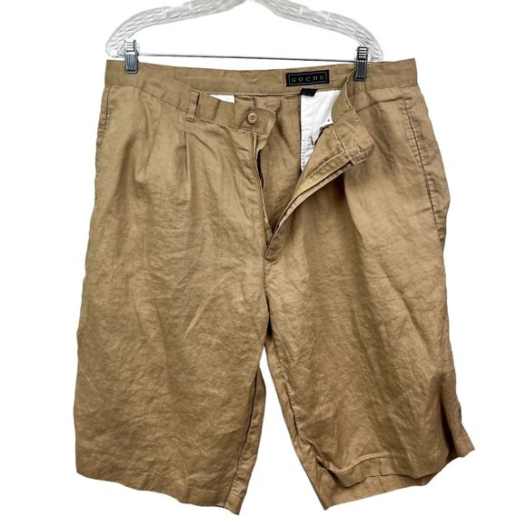Gochu Mens Shorts Linen Pleated Front Slash Pockets Zip‎ Fly Tan Size 40 - Picture 3 of 6